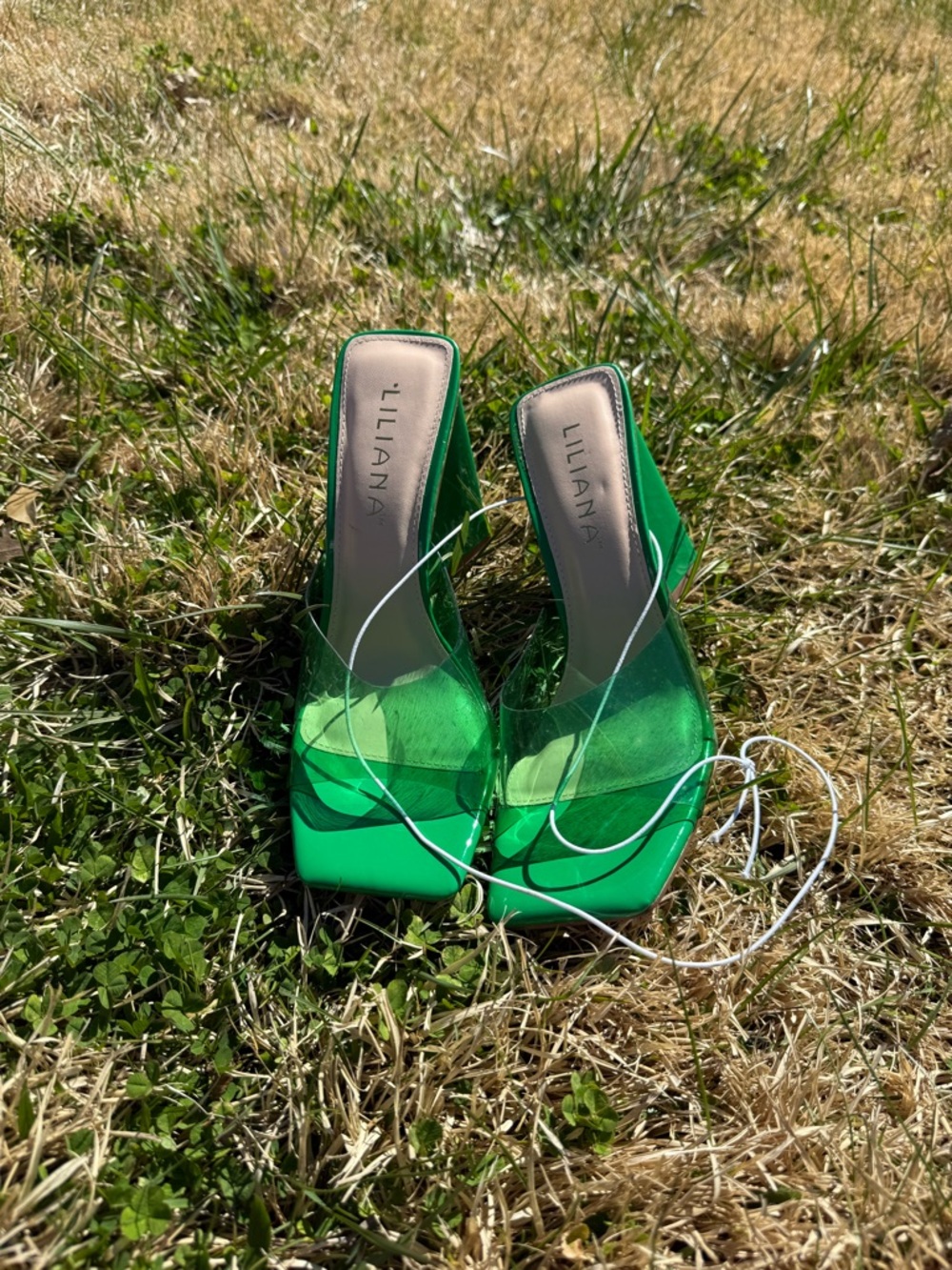 Liliana Emerald Green Clear Strap Mule Heels